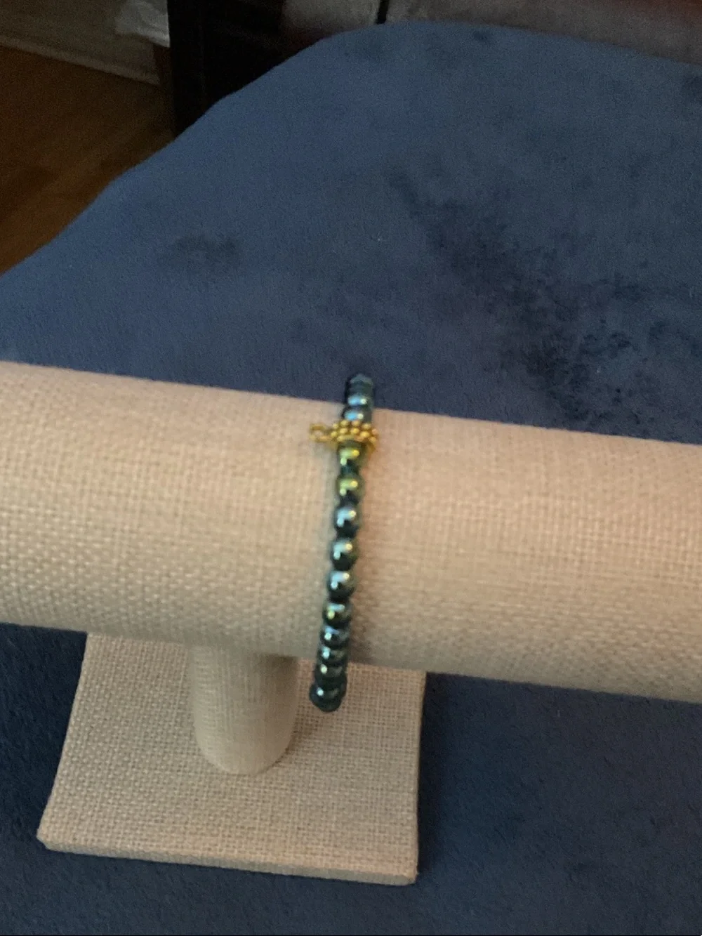 Gold Cross Accent Dark Green Beaded Stretch Bracelet - Women Jewelry